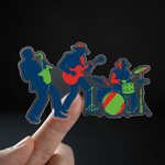 Colorful silhouette custom clear sticker of musicians on a finger against a black background
