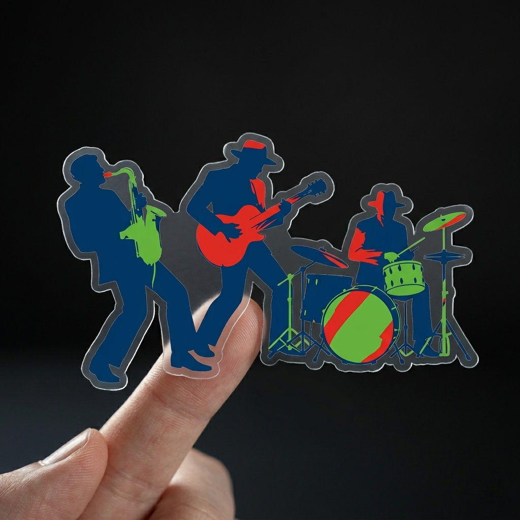 Colorful silhouette custom clear sticker of musicians on a finger against a black background