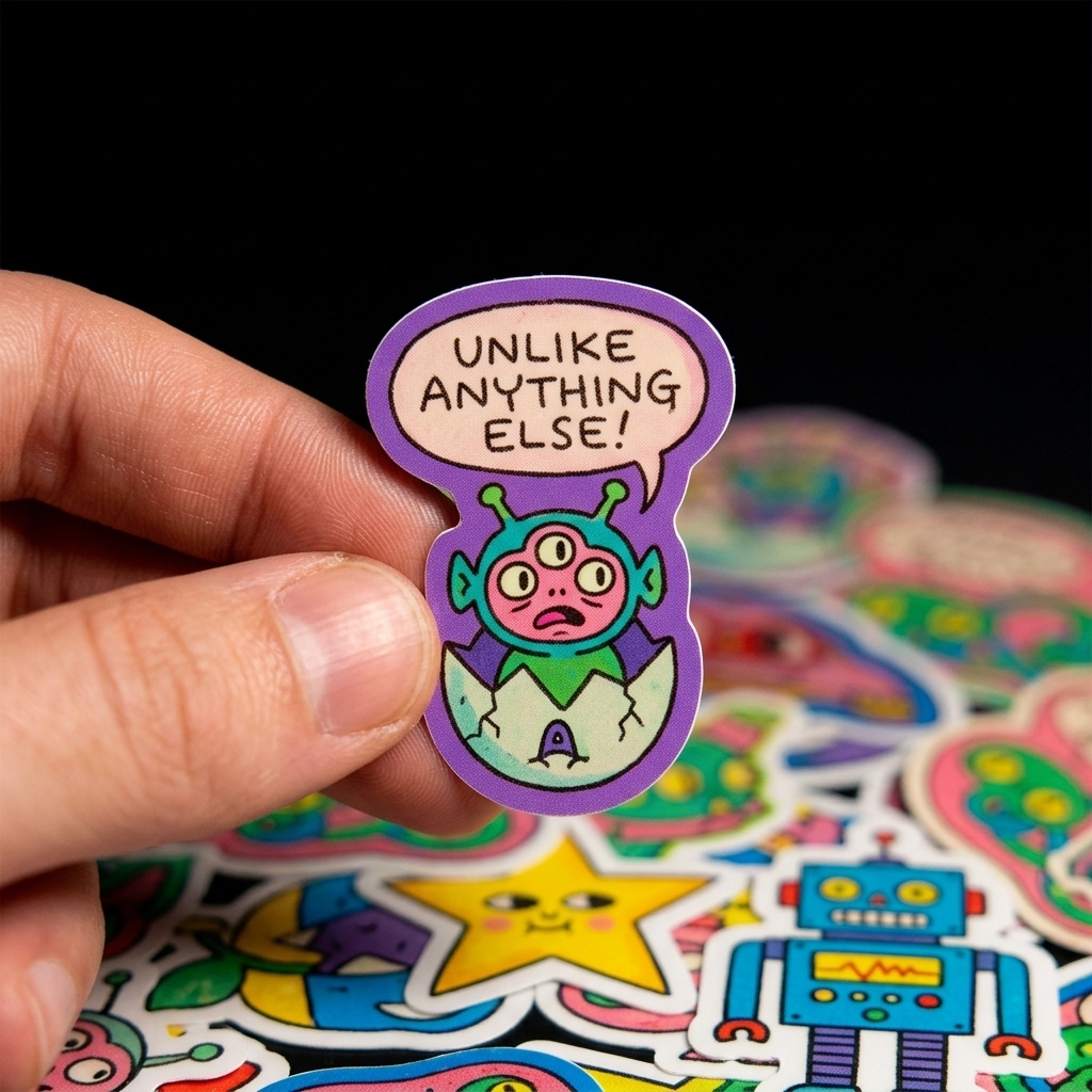 Hand holding a colorful sticker with a character and text 'UNLIKE ANYTHING ELSE!' against a black background.