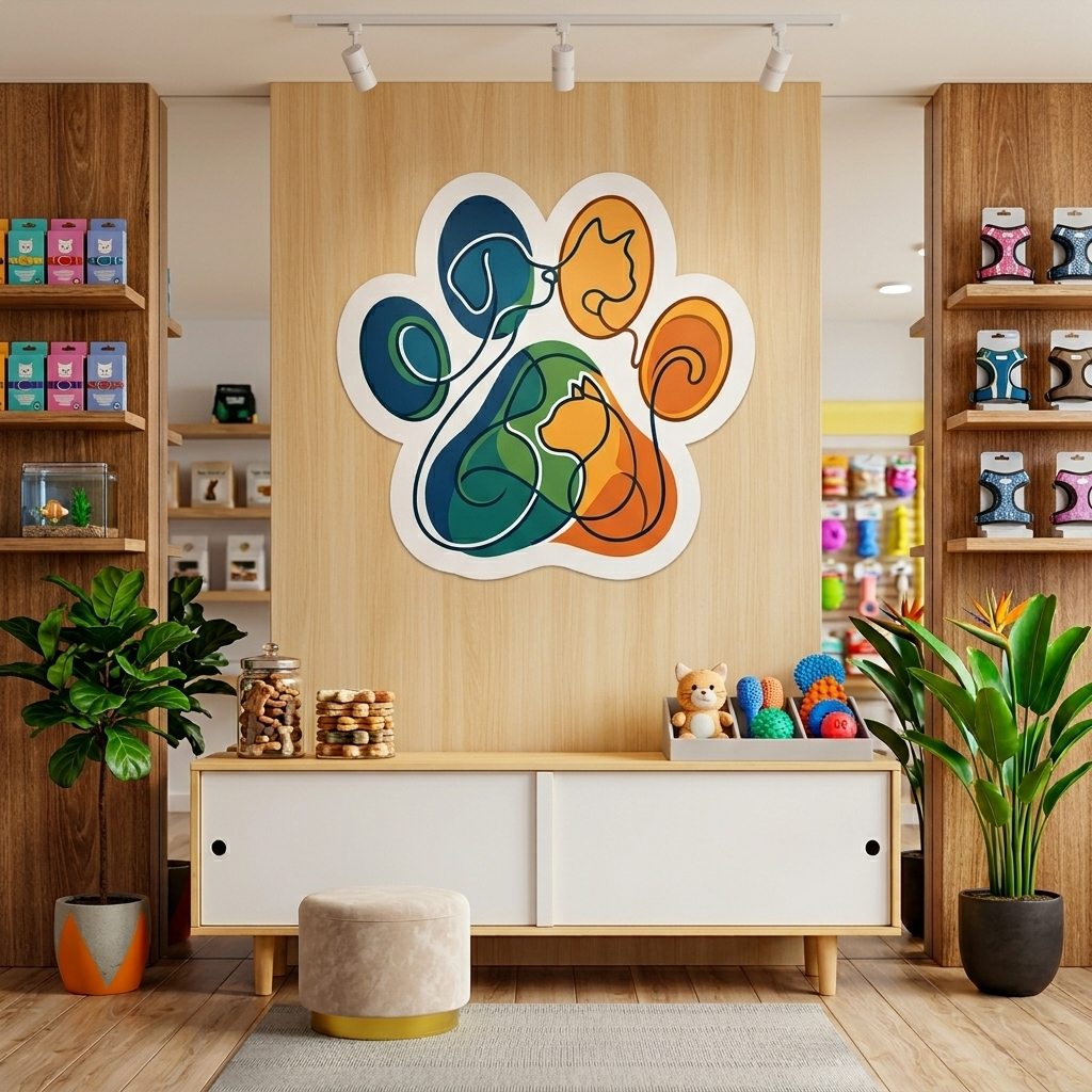 Colorful self adhesive wall graphics of a pet paw print design installed on a wooden feature wall in a playful room.