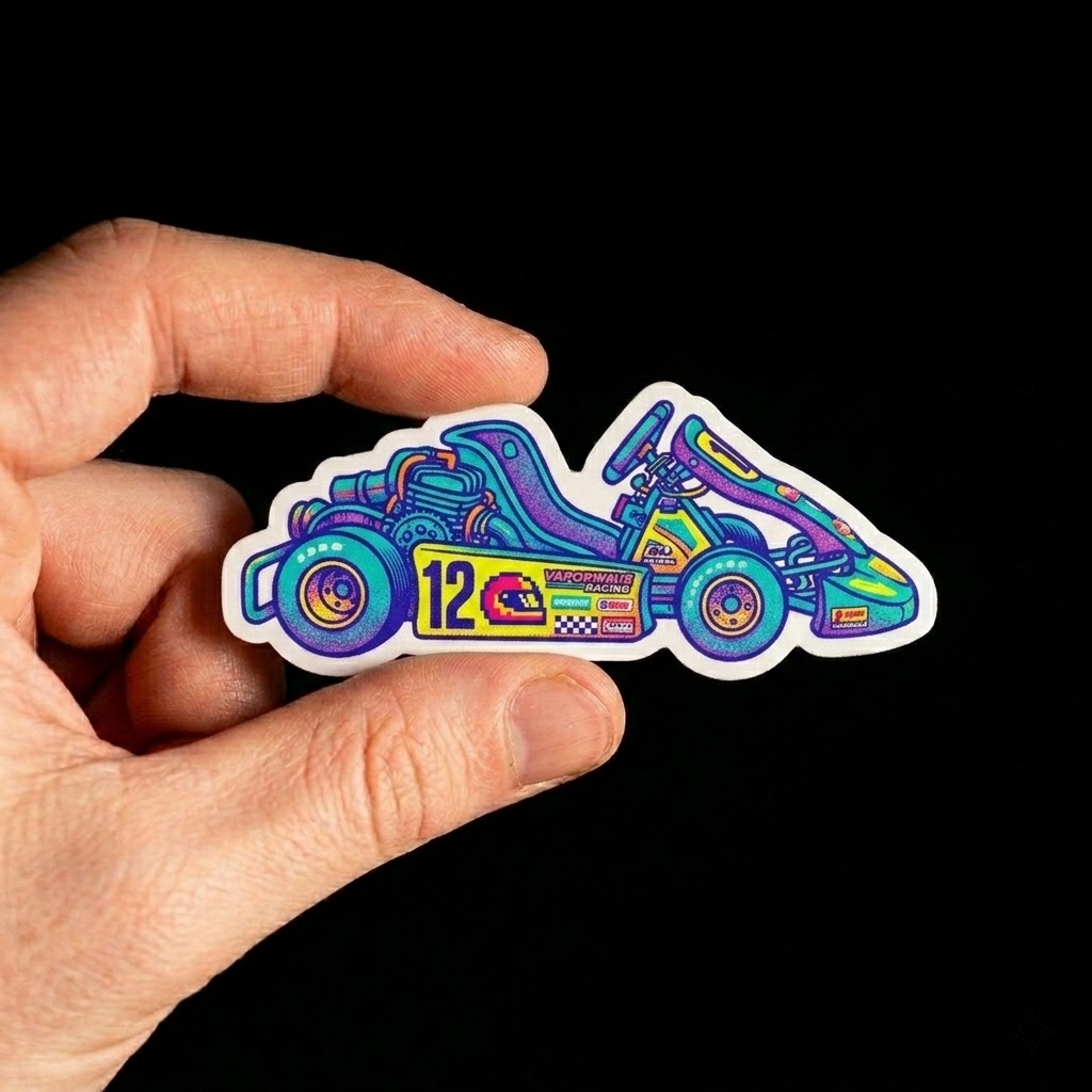 Colorful vinyl sticker of a racing car held by a hand against a black background