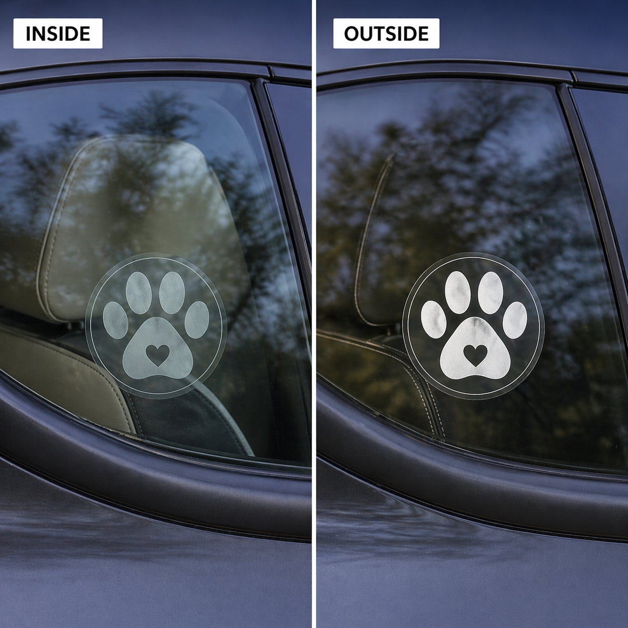 Comparison of a car window with a paw print decal viewed from the inside and outside.