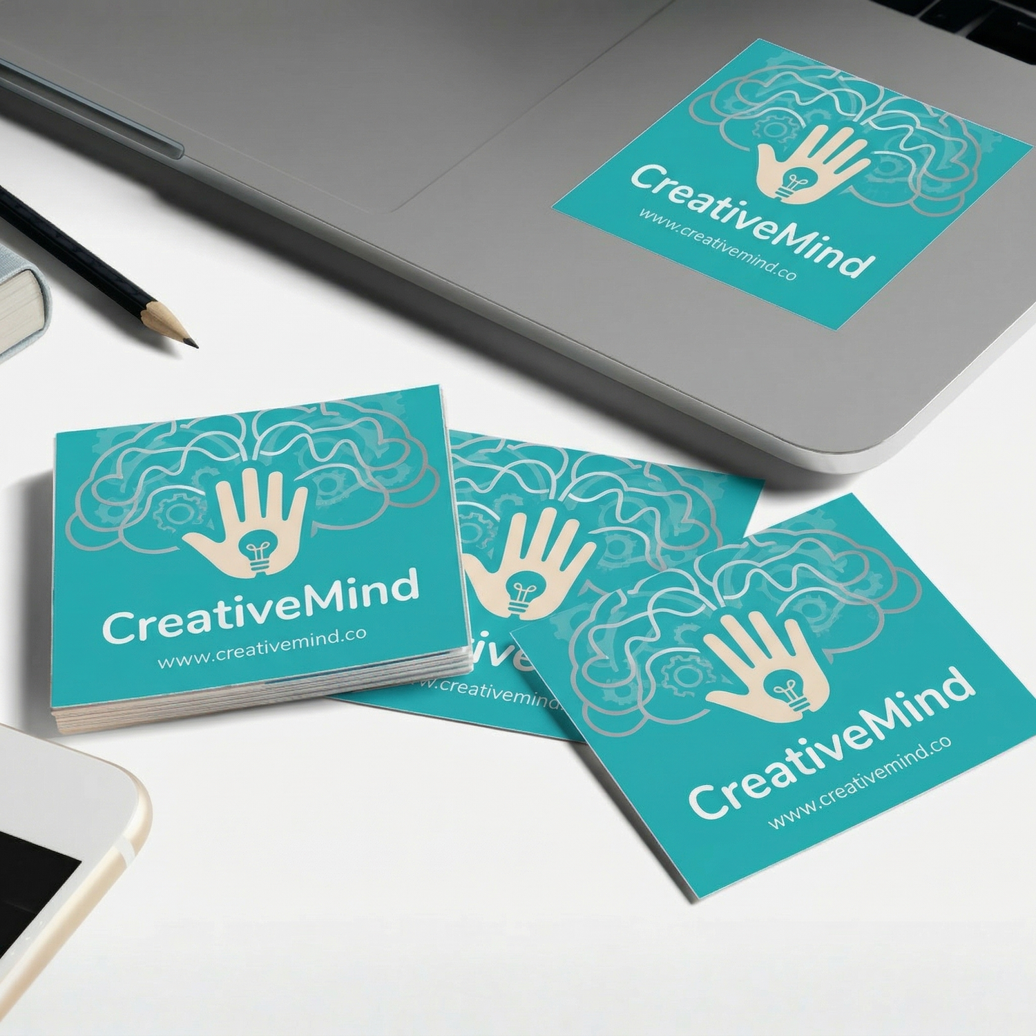 square stickers on laptop, used for business cards with CreativeMind logo on a desk.