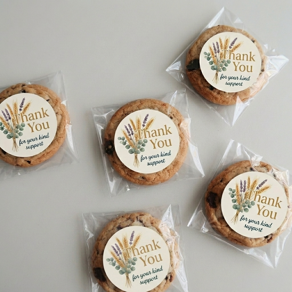 Custom 1 inch round "Thank You" stickers with floral designs on individually wrapped cookies.