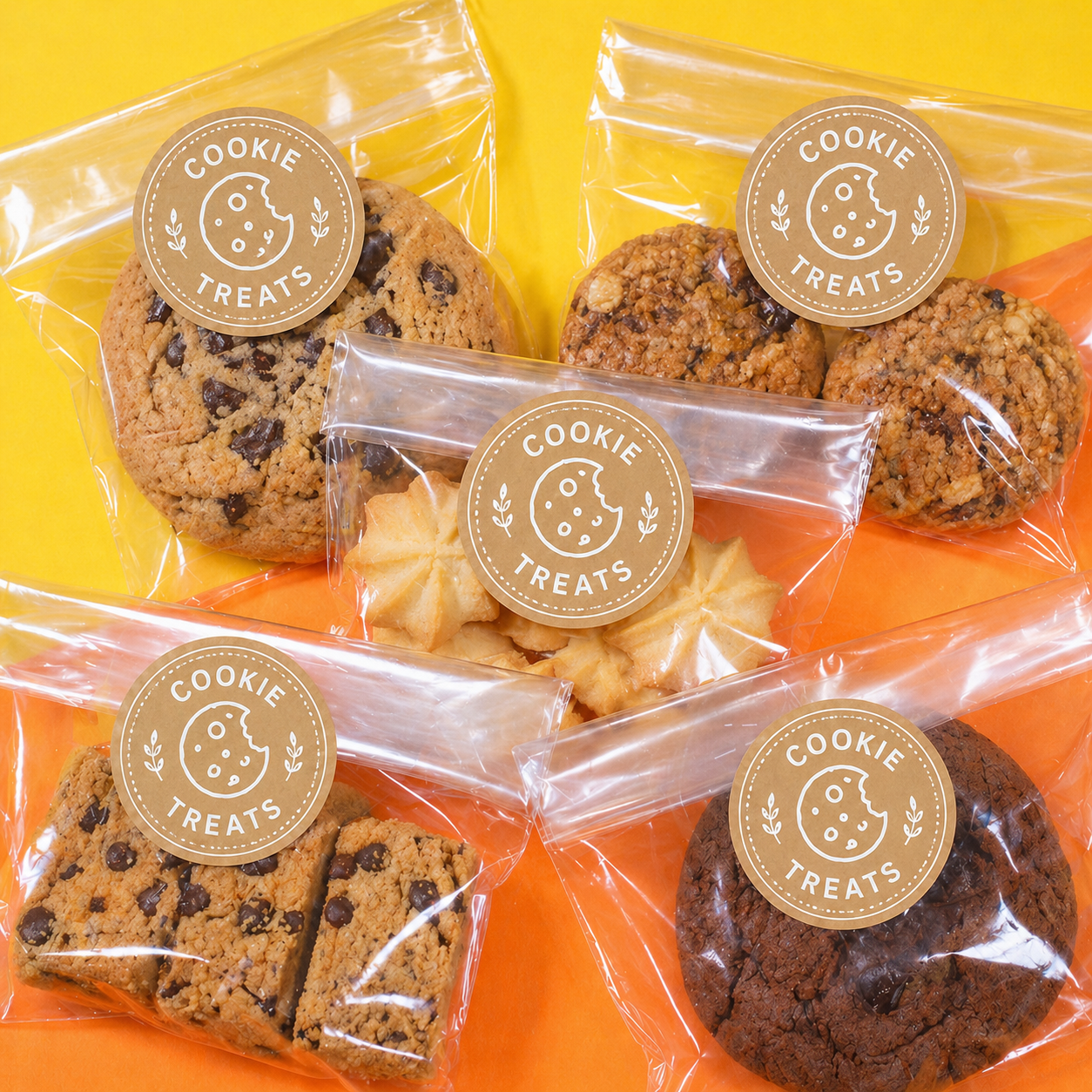 Custom 2-inch round labels for "Cookie Treats" applied to clear plastic bakery bags. These 2-inch circle stickers are ideal for professional cookie packaging and homemade treat branding.