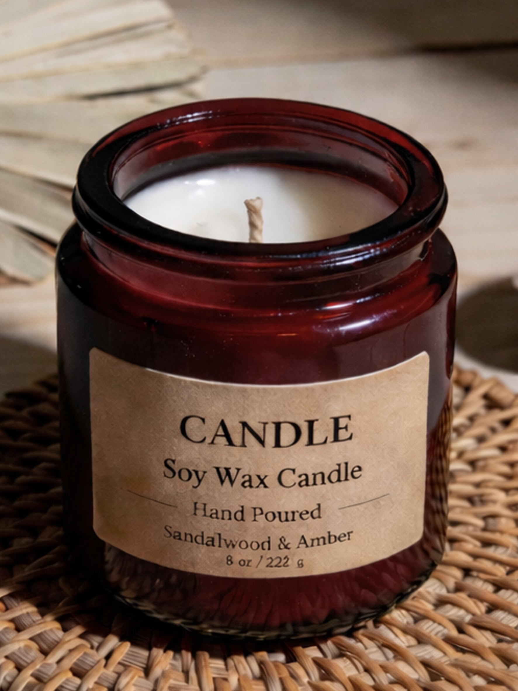 Custom sticker label on a scented candle jar for beauty and skincare branding