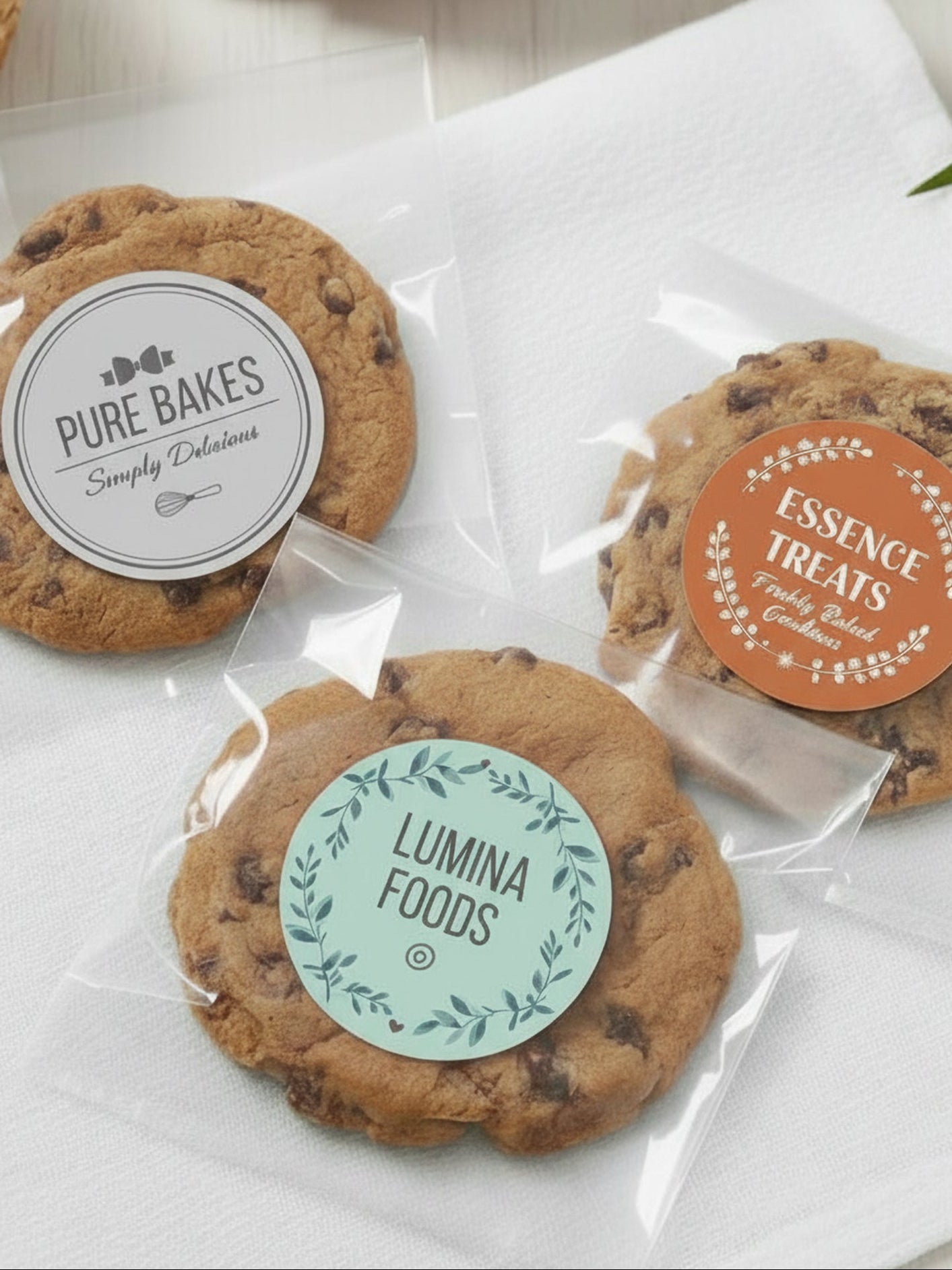 Custom stickers used on food packaging with cookie labels in bakery setting