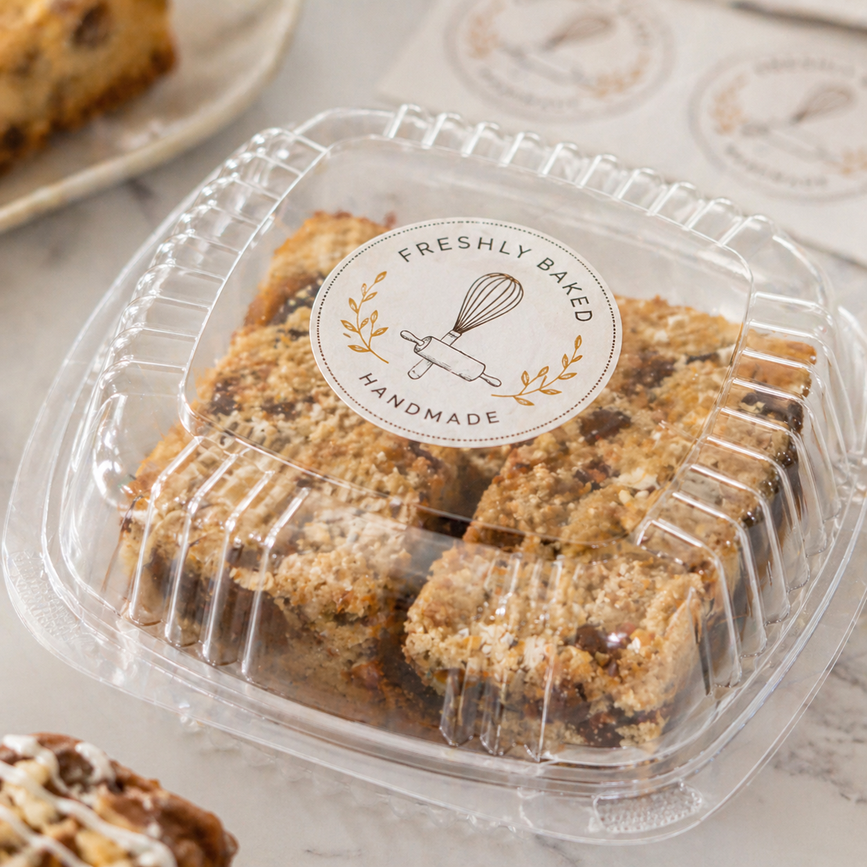 Custom bakery labels on food container – personalized bakery labels for packaging, bakery food labels, and product branding