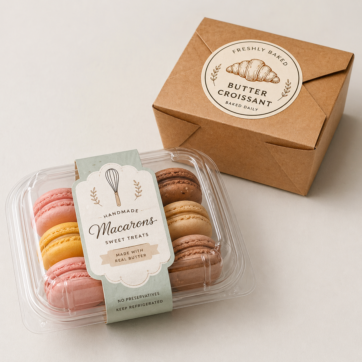 Custom bakery labels on macaron packaging and box – personalized bakery labels for boxes, bakery packaging, and food branding
