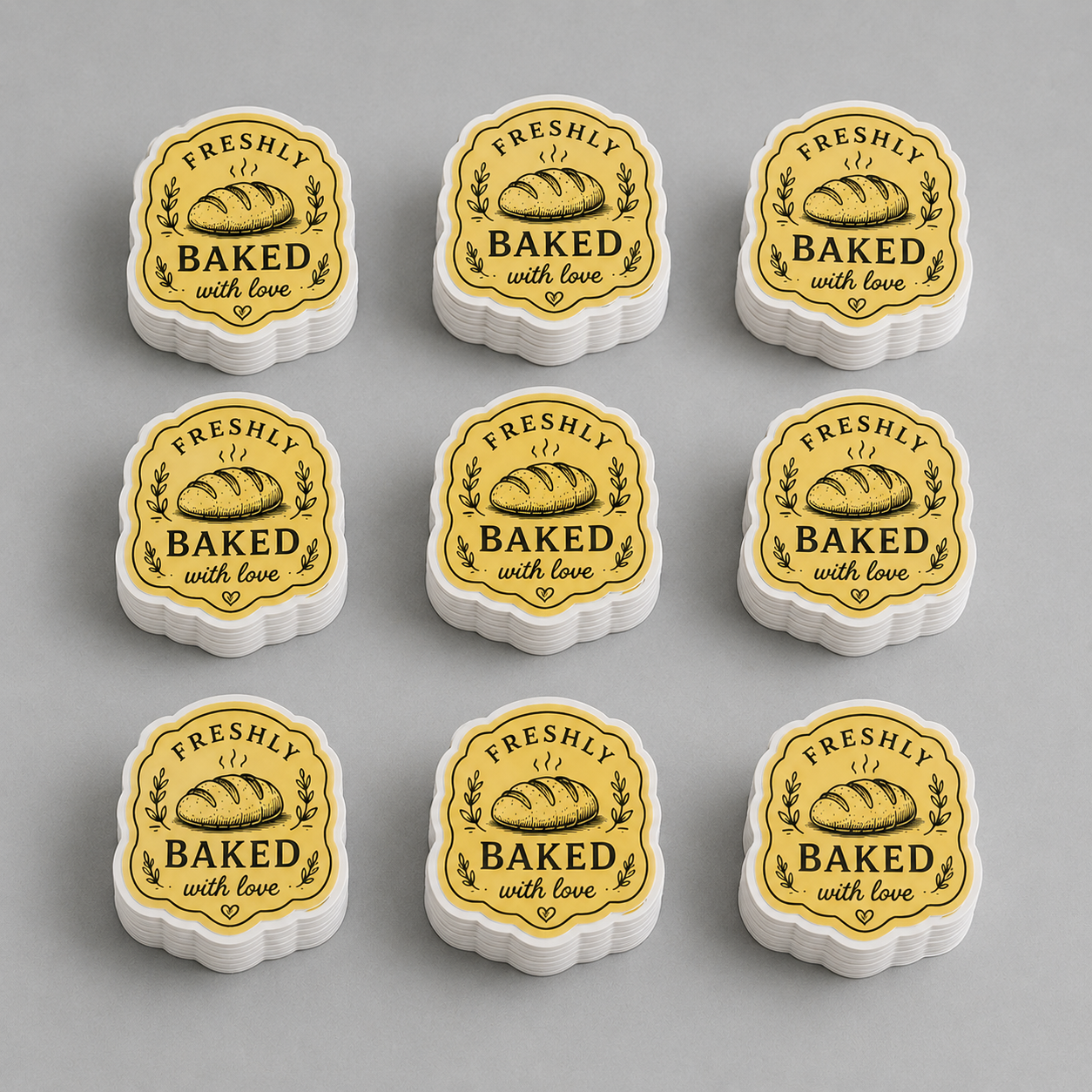 Custom bakery packaging stickers, bulk die-cut vinyl labels for bread and pastry boxes, yellow "Freshly Baked" branding decals with retro bread logo.