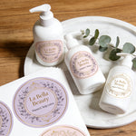 Custom circle sheet labels for beauty product packaging, featuring round waterproof labels on lotion bottles and label sheets