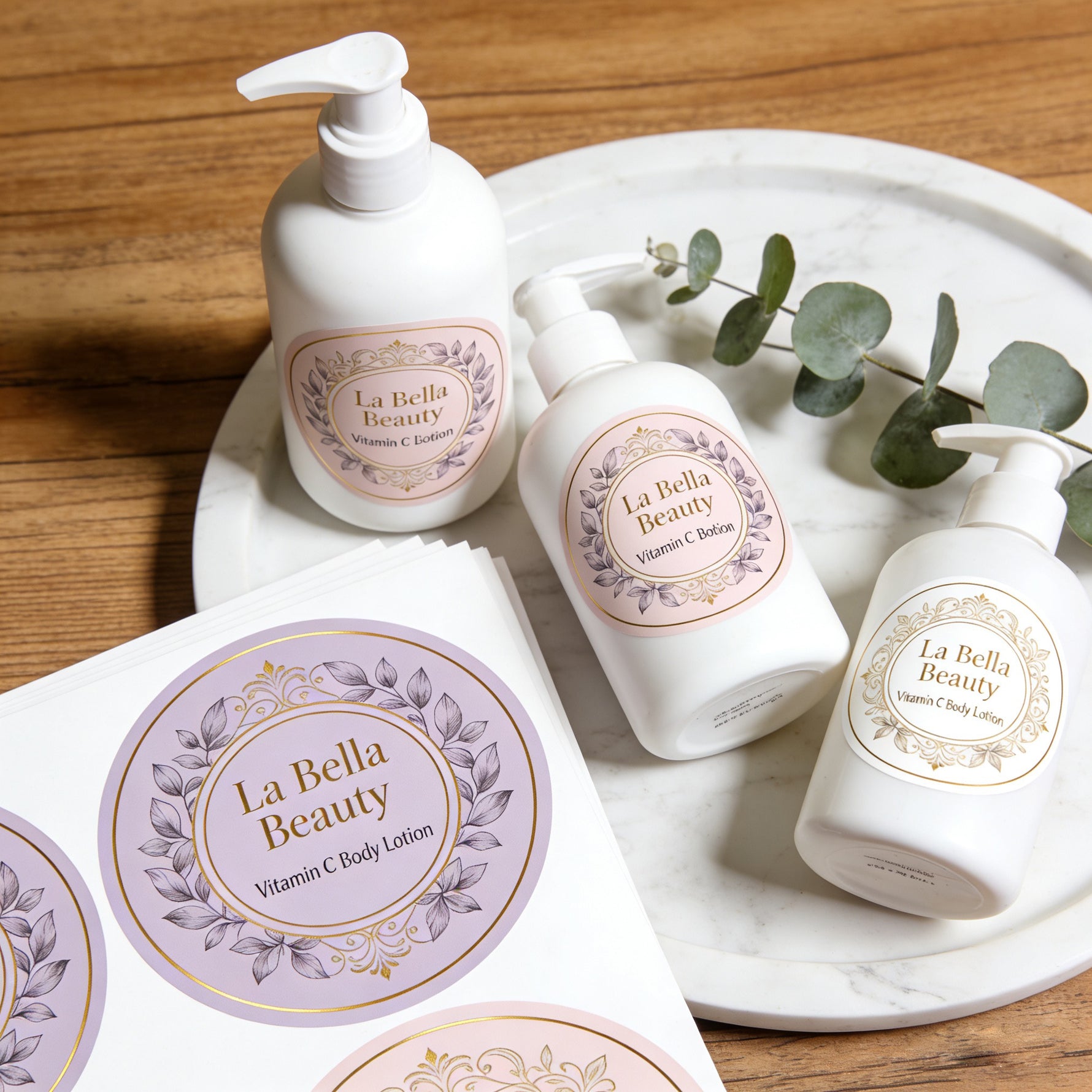 Custom circle sheet labels for beauty product packaging, featuring round waterproof labels on lotion bottles and label sheets