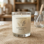 Custom clear vinyl labels with a flawless no-label look applied on a glass soy candle jar, showcasing waterproof clear labels for bottles and cosmetics.