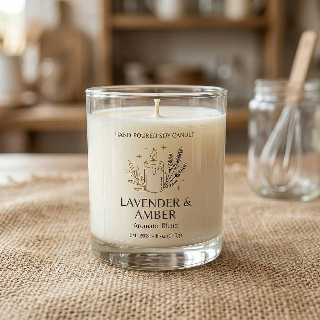 Custom clear vinyl labels with a flawless no-label look applied on a glass soy candle jar, showcasing waterproof clear labels for bottles and cosmetics.