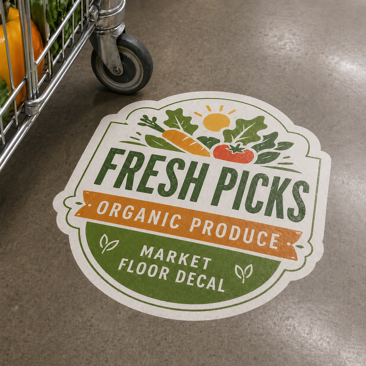 Custom floor sticker for retail store – large vinyl floor decal with branding design for market and store flooring