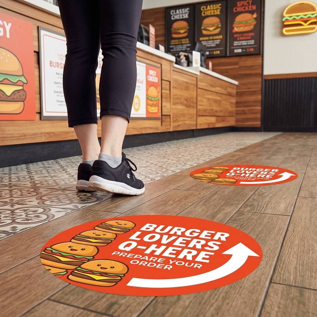 Custom floor stickers in restaurant – vinyl floor decals for customer direction, branding, and indoor floor signage