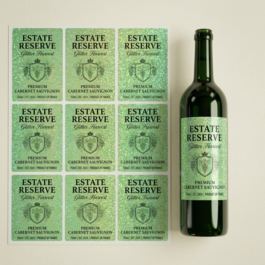 Waterproof green glitter labels on a dark glass wine bottle next to printed sticker sheets, perfect for luxury beverage and product branding.