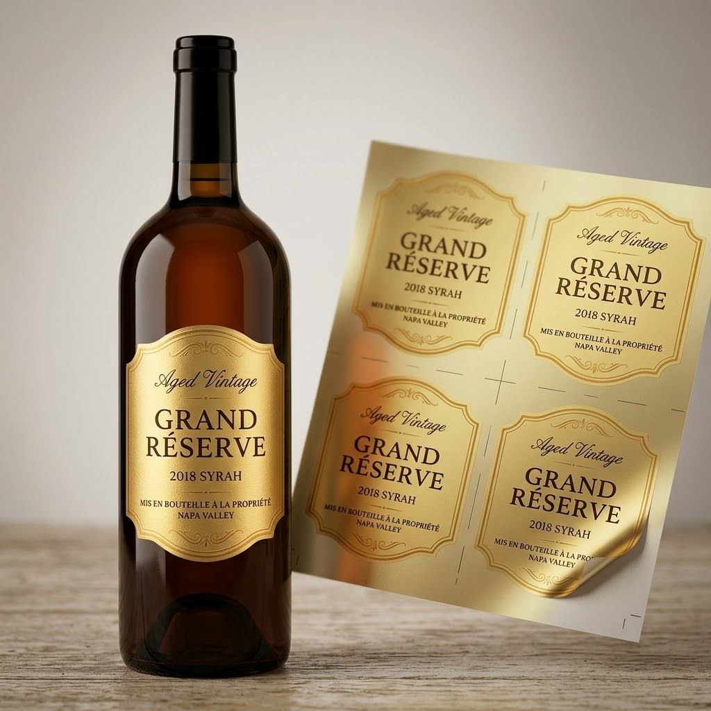 Custom gold foil labels with a luxurious metallic finish on a wine bottle and a printed sheet, perfect for premium branding and gold label printing.