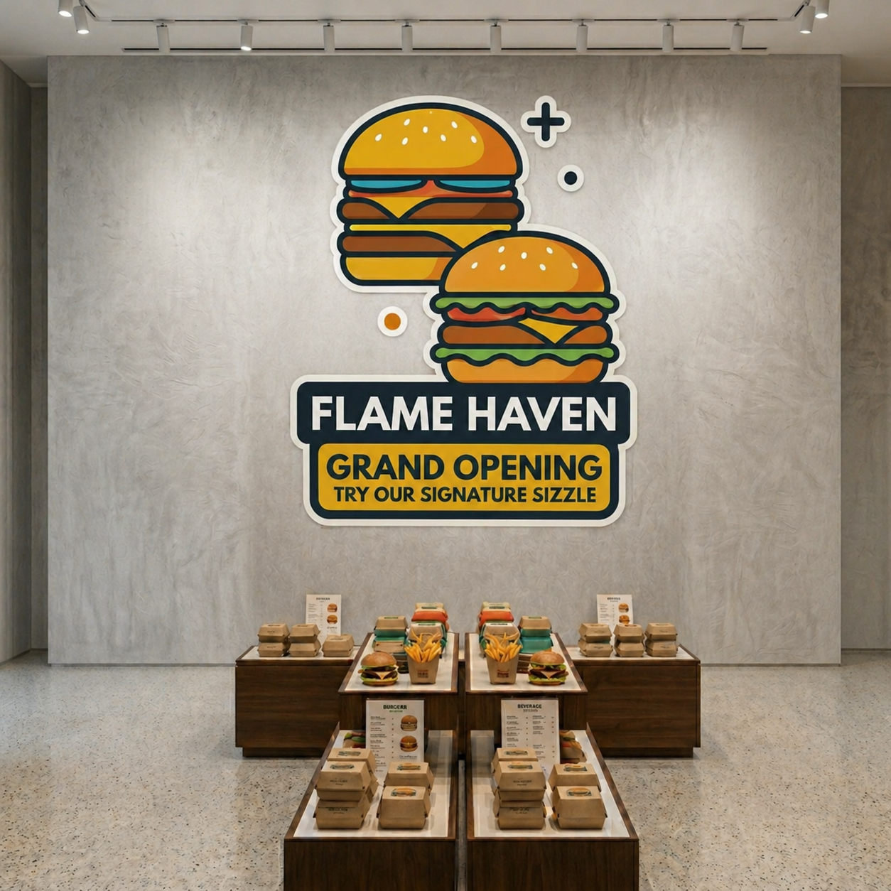 Custom logo wall decals featuring a hamburger brand icon on a concrete wall in a modern restaurant interior.