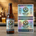 Custom holographic labels with metallic rainbow sheen applied on a brown beer bottle, showcasing premium weatherproof holographic vinyl label printing.