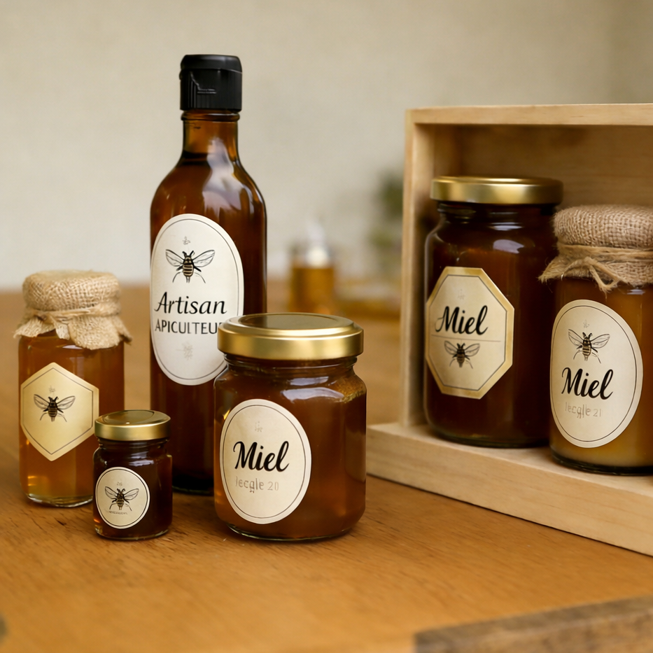 Custom honey labels on jars and bottles – personalized honey labels for containers, honey jar labels, and honey bottle labels