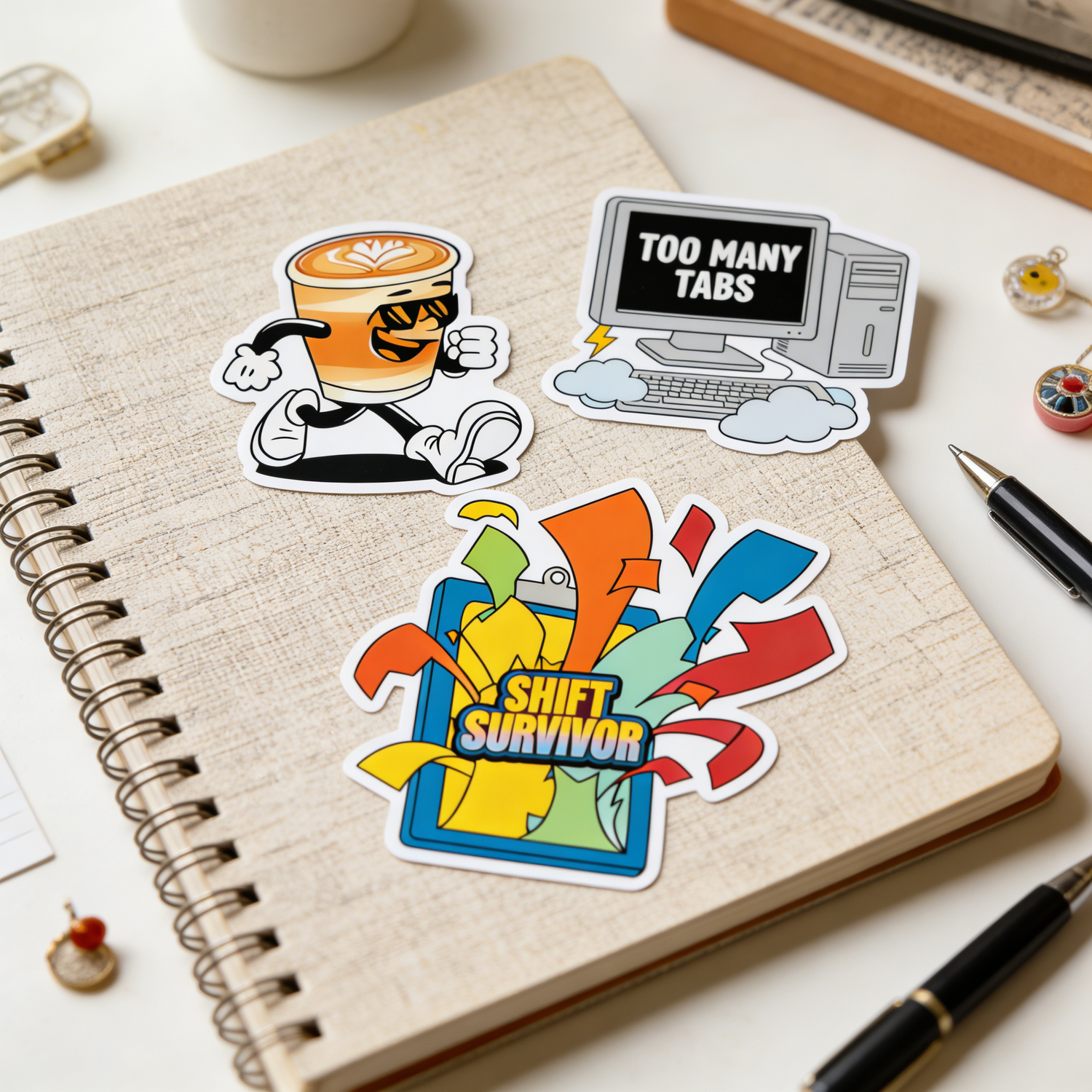 Funny office and work humor stickers on notebook featuring coffee character, “Too Many Tabs” and “Shift Survivor” designs