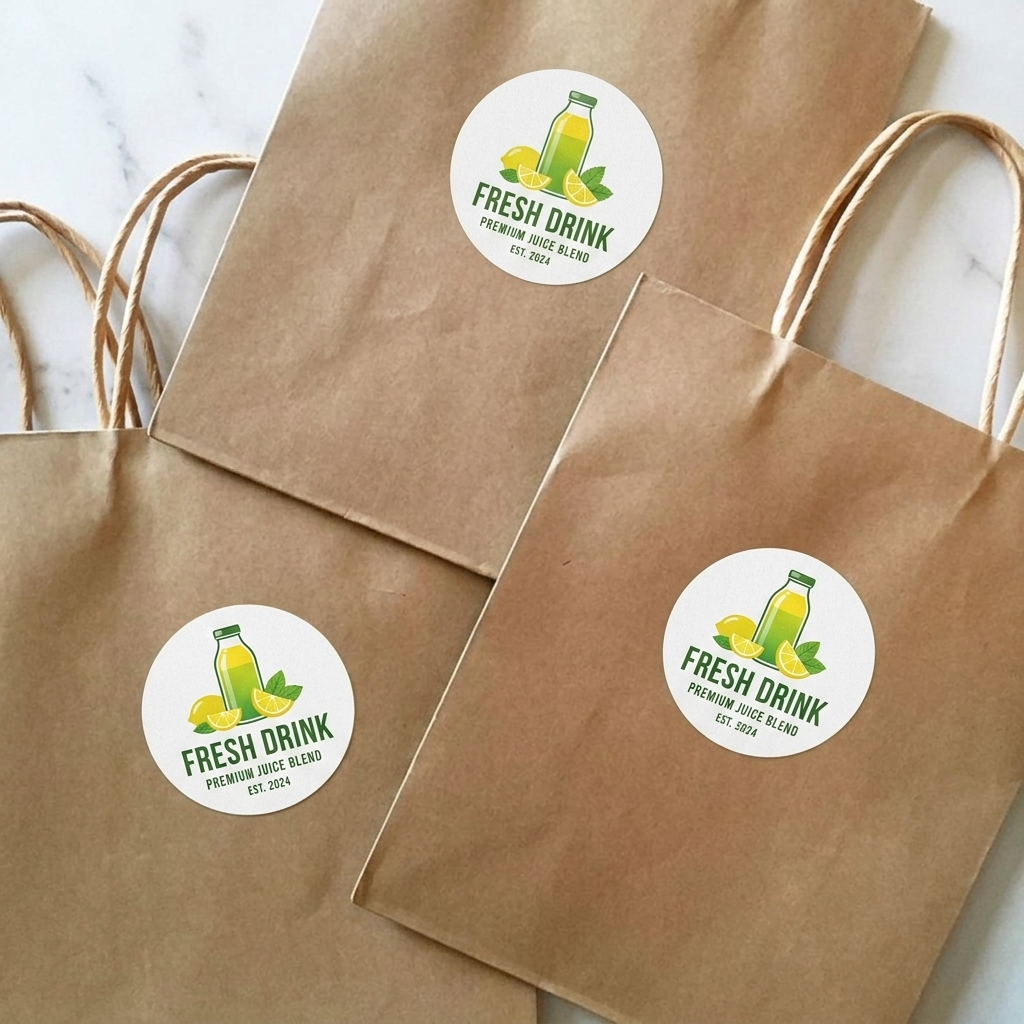 Custom 1 inch round stickers with a green juice logo applied to brown paper shopping bags.