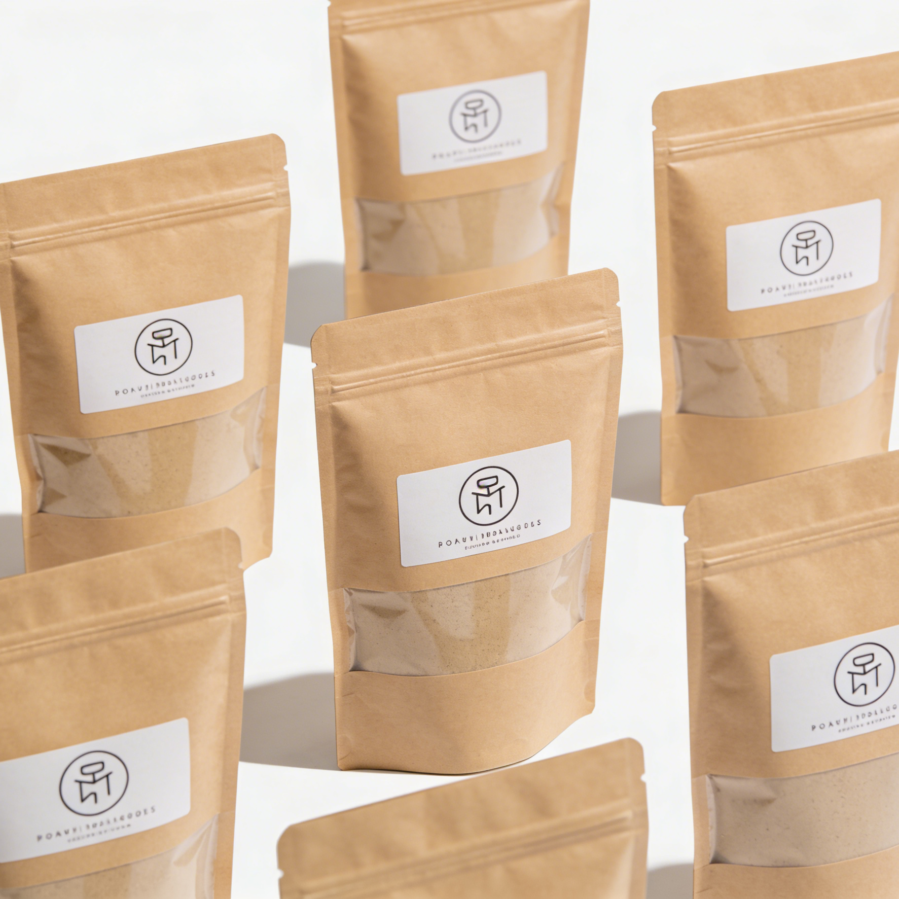 Brown paper bags with clear window and white custom logo labels on a light gray background