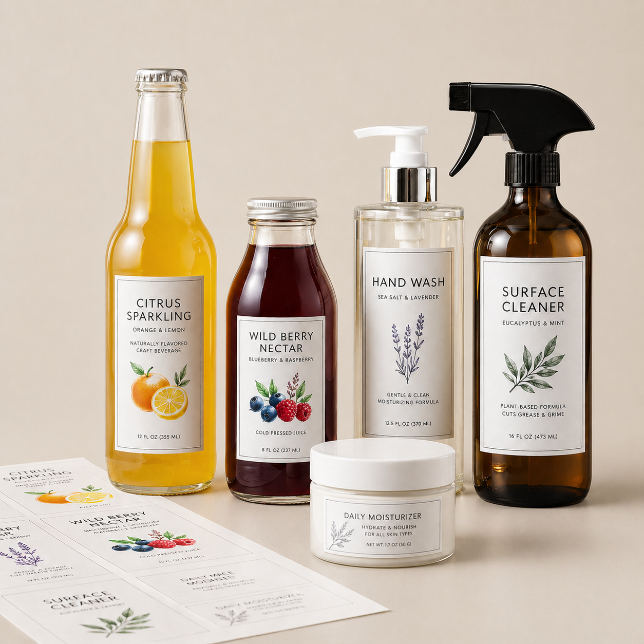 Custom rectangle sheet labels for bottles, jars, sprays, and product packaging, featuring clean white rectangle labels for small business branding