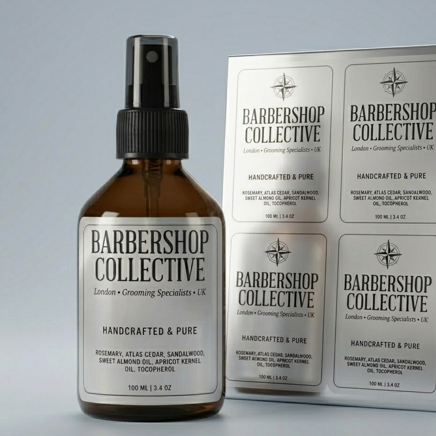 Custom silver foil labels on barbershop grooming product bottles, along with a silver sheet labels.