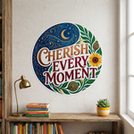 Custom wall stickers with "Cherish Every Moment" typography and floral design applied above a bookshelf in a home library.
