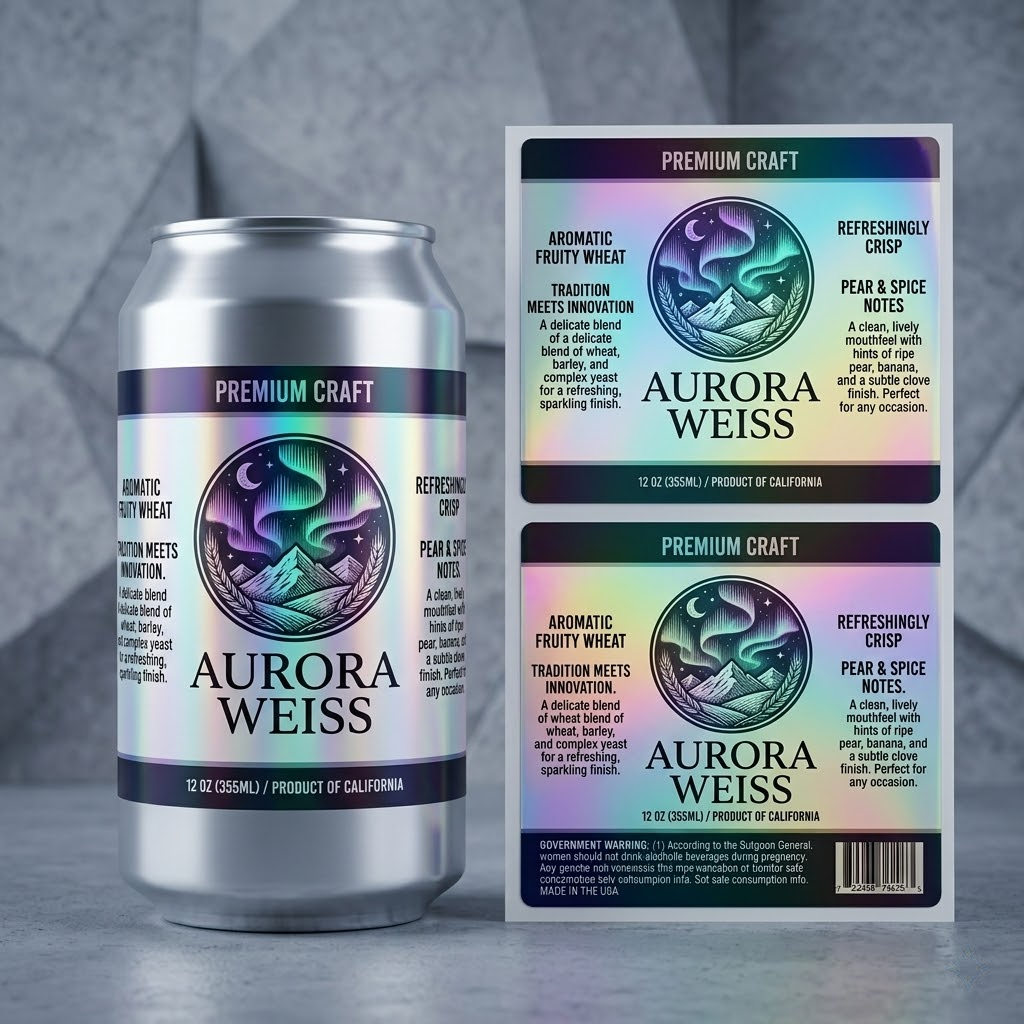 Custom waterproof holographic labels applied on an aluminum beverage can, showcasing metallic rainbow foil branding for craft beer or soda.