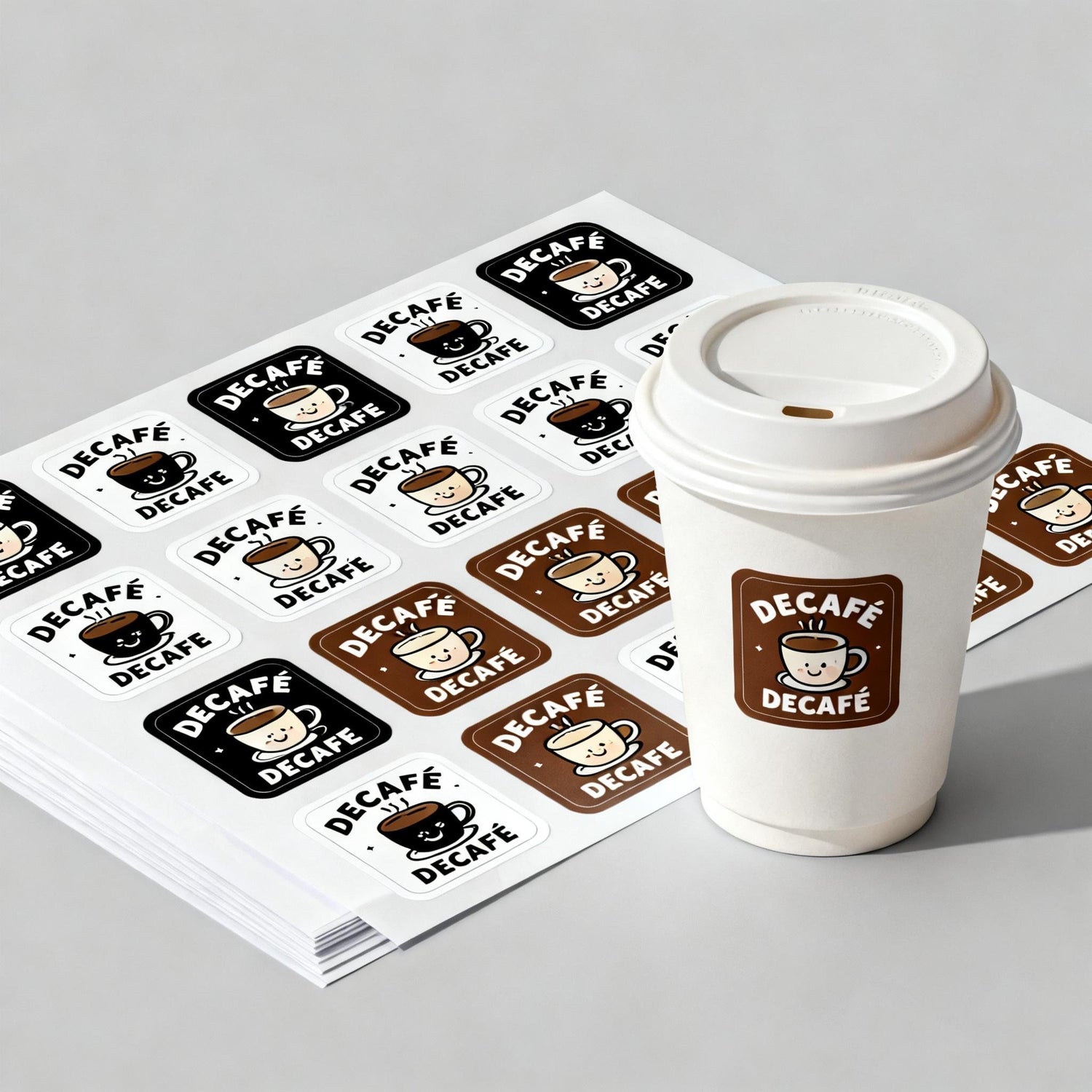 Custom decaf coffee stickers for packaging, featuring label sheets and coffee cup application
