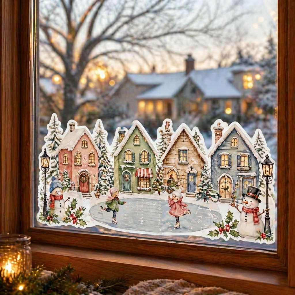 Decorative window decals for home – vinyl window decals with seasonal village design for glass windows