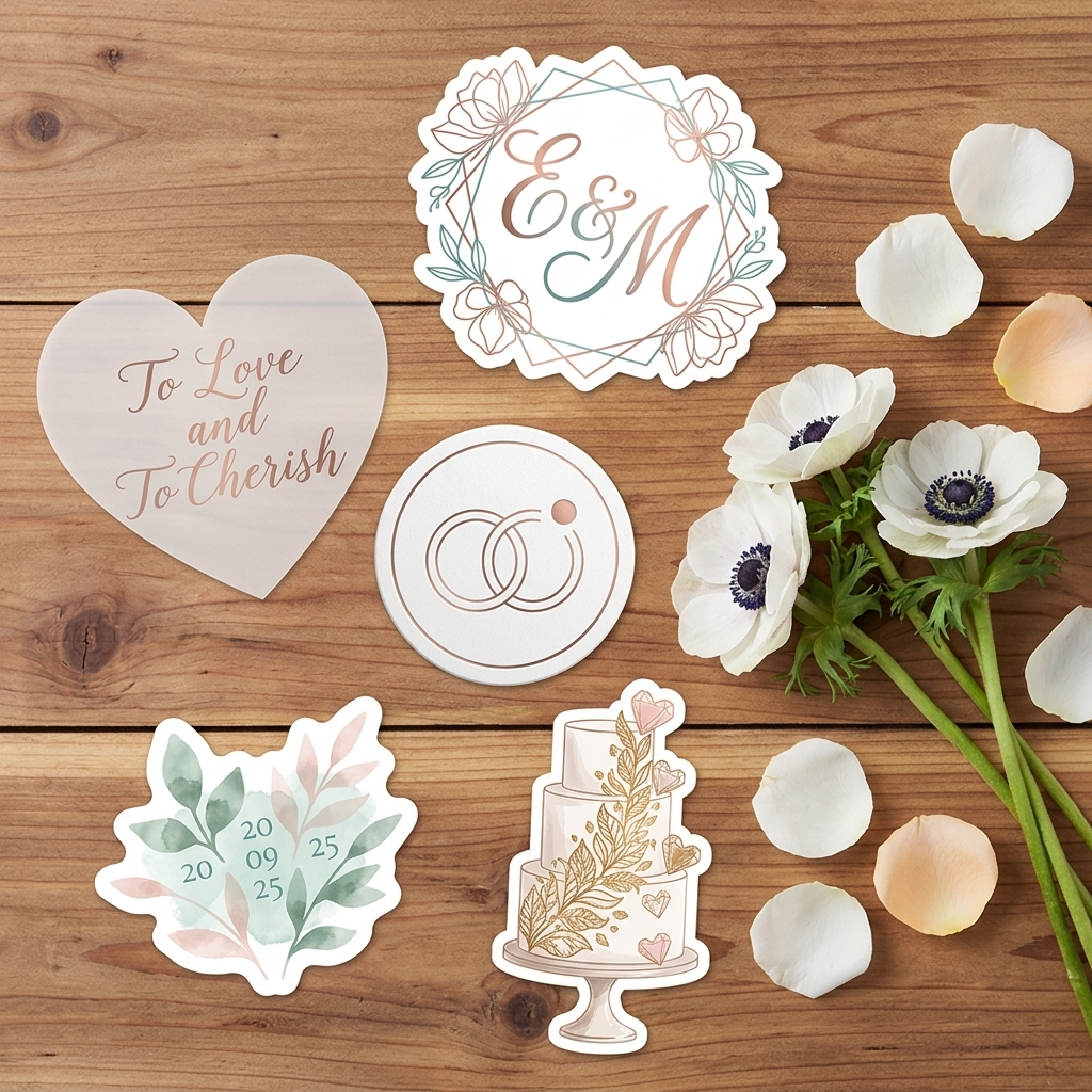 Decorative wedding-themed stickers with floral designs, initials, and text on a wooden surface with flowers.