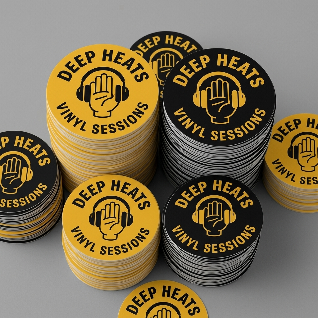 Stacks of circle vinyl stickers with the design of 'Deep Heats Vinyl Sessions' coasters on a gray background, bulk price offer