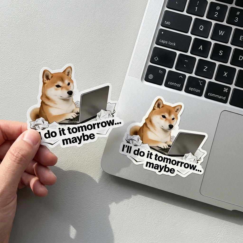 Hand holding a vinyl sticker with a dog meme design next to a laptop