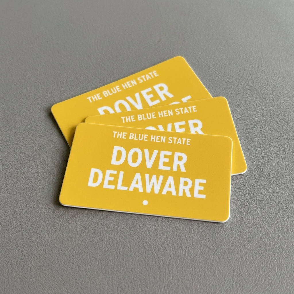 Three yellow stickers with 'Dover Delaware' text on a gray background