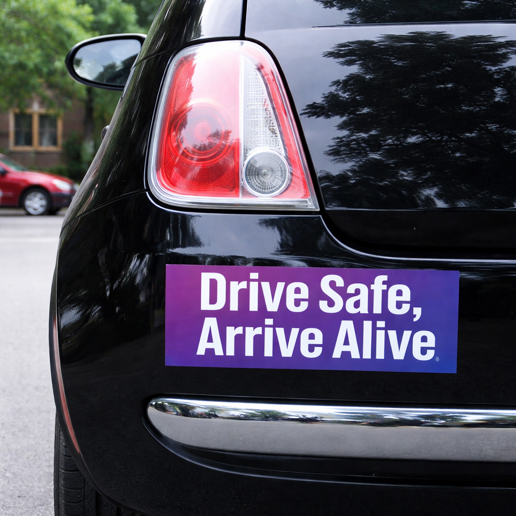 Custom bumper sticker on car with “Drive Safe, Arrive Alive” message – personalized vinyl bumper stickers for cars