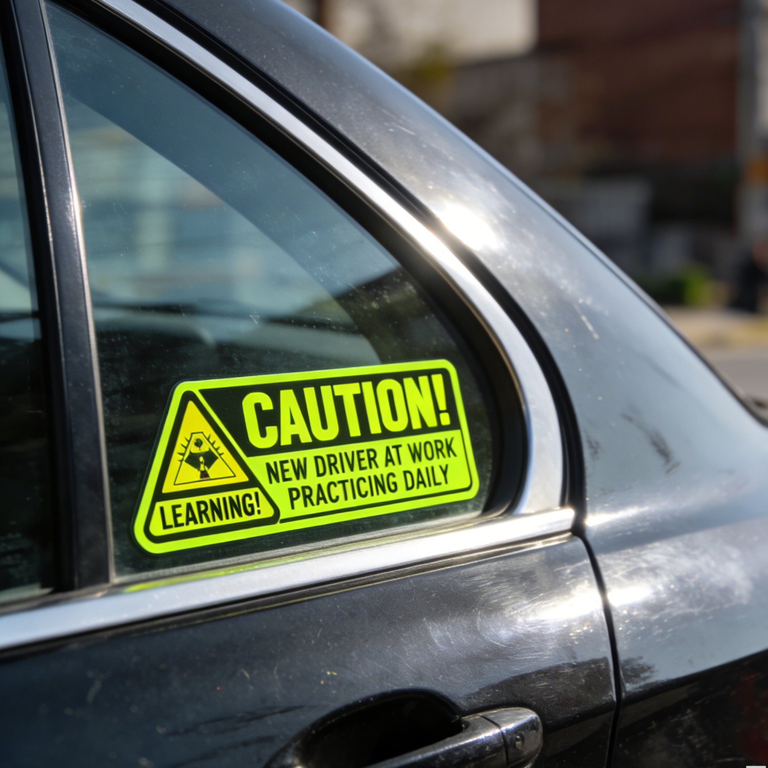 Durable decals with a bright yellow "Caution" warning sign affixed to the side window of a black car.