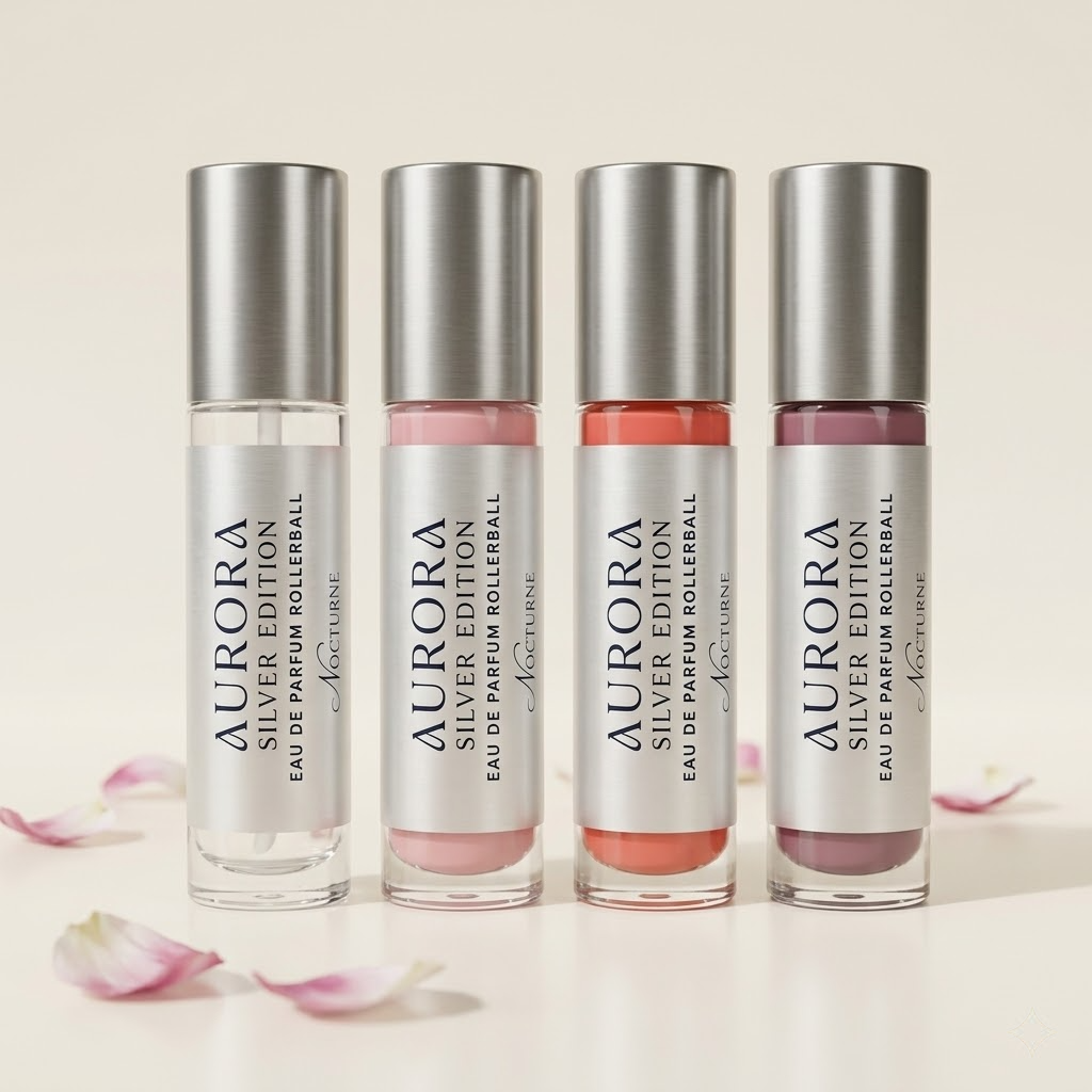 Durable silver foil labels applied on lip gloss tubes, showcasing waterproof silver decals that grip perfectly to metal and plastic surfaces.