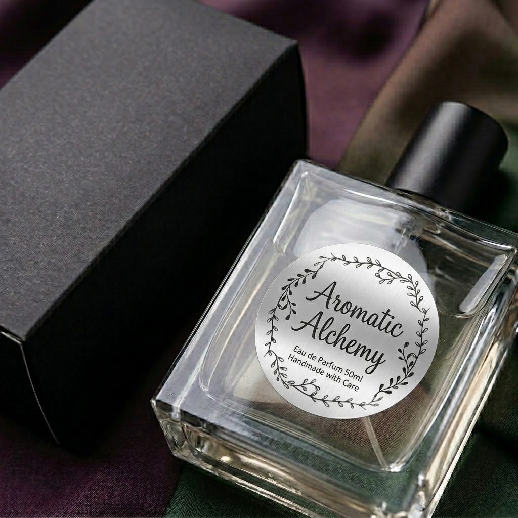 Durable silver foil labels perfectly applied on curved glass perfume bottles, demonstrating waterproof silver stickers that grip seamlessly to smooth surfaces.