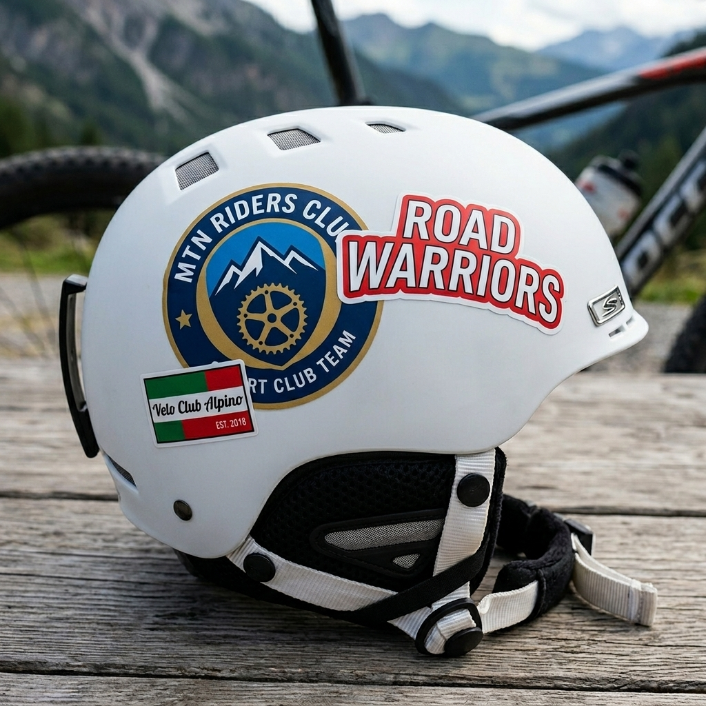 Durable sports team decals featuring outdoor and cycling club logos applied to a white sports helmet.
