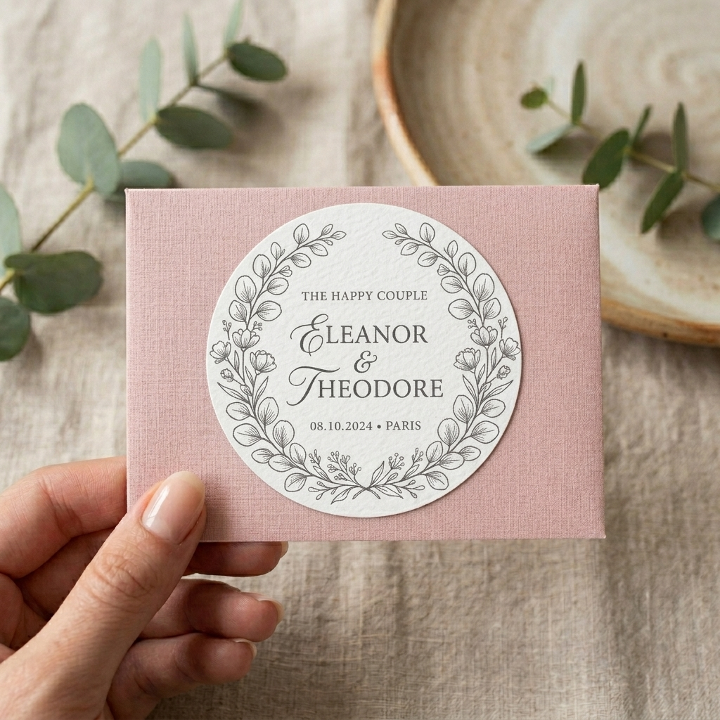 Hand holding a pink card with a circular wedding stickers featuring 'Eleanor & Theodore' on a textured surface with greenery.