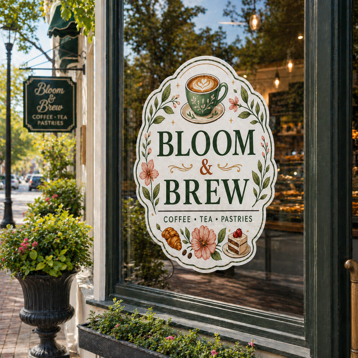 Elegant custom heavy duty stickers featuring a cafe brand design applied to the glass door of a storefront.