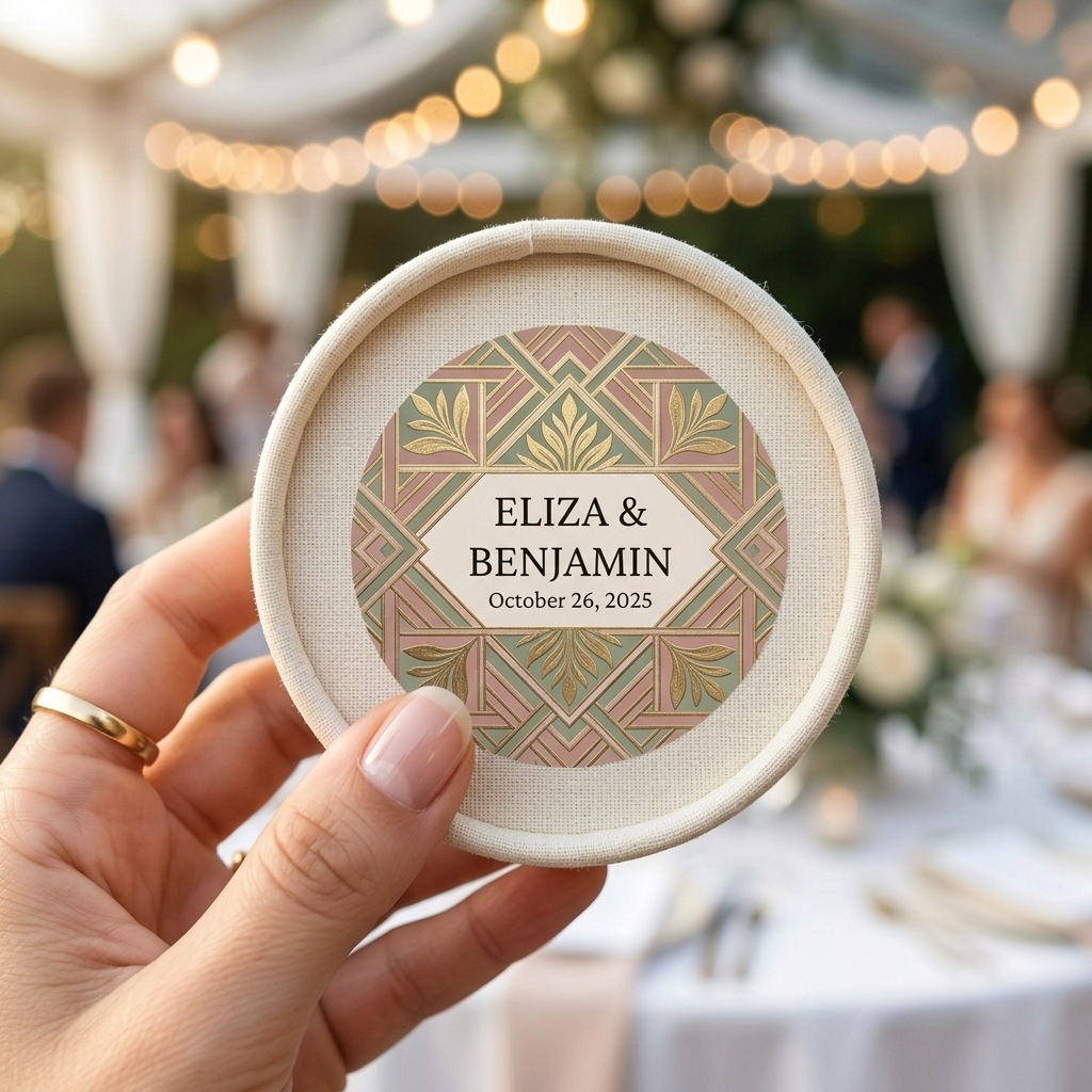 Hand holding a decorative coaster with personalized stickers at wedding.