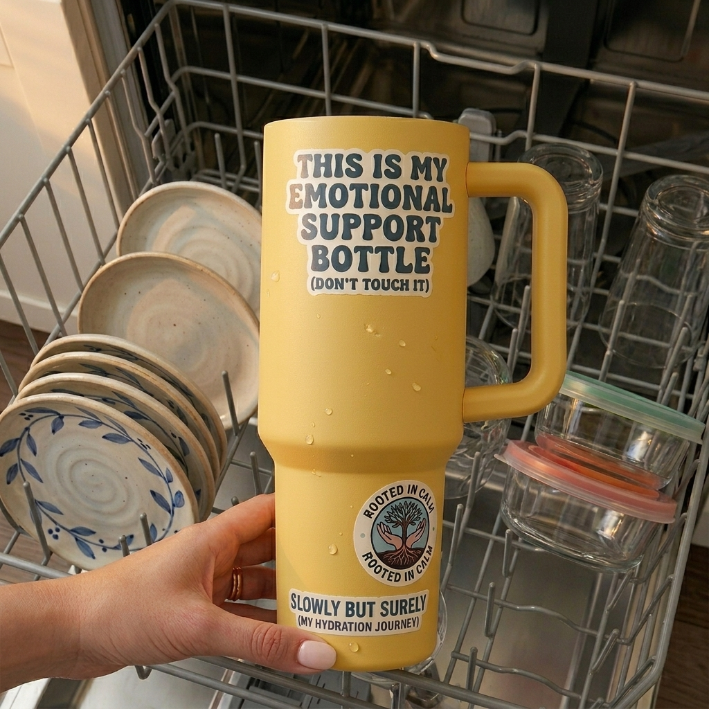 Yellow water bottle labeled 'Emotional Support Bottle' stickers held in front of a dishwasher.