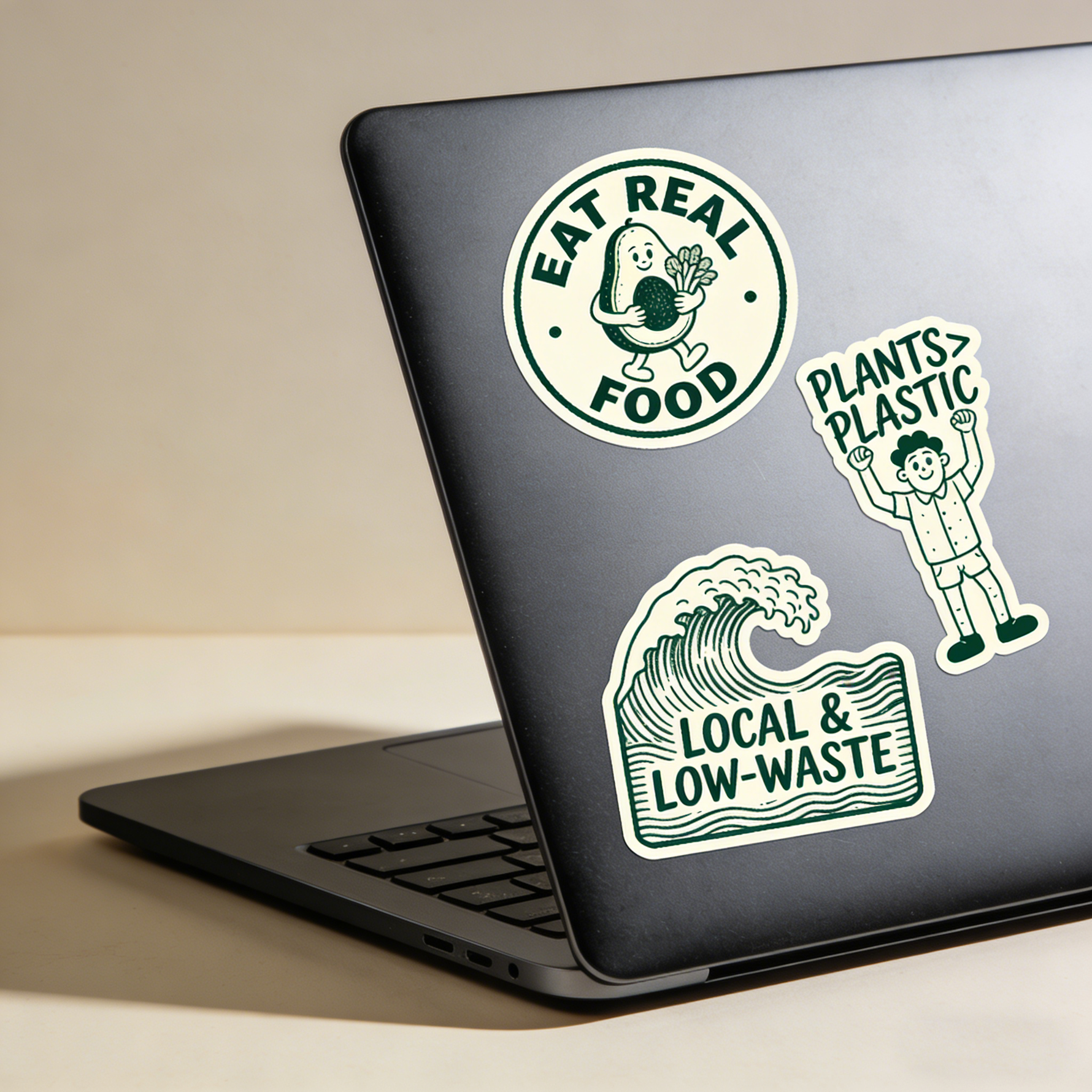 Laptop with eco themed stickers including “Eat Real Food”, “Plants Not Plastic”, and “Local & Low Waste” designs