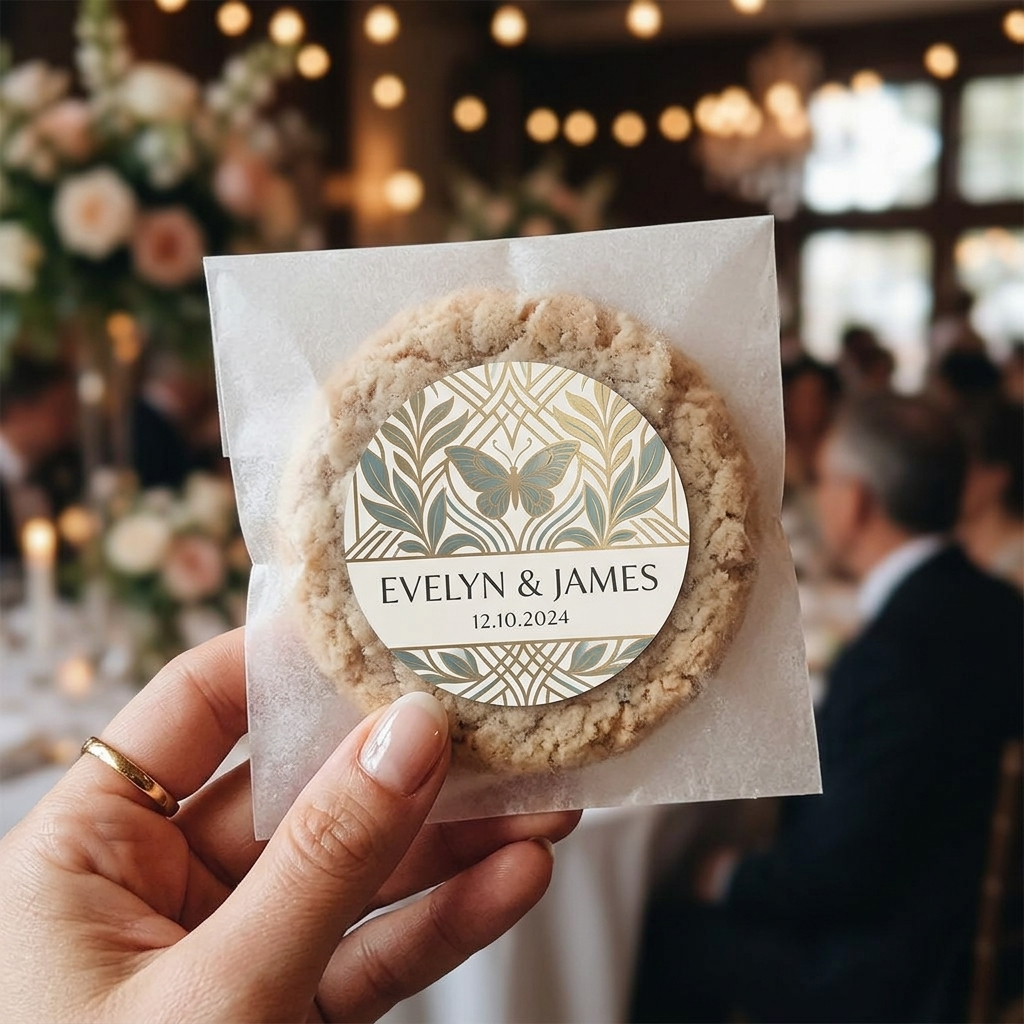 Cookie with a personalized label held by a hand at a Evelyb & James wedding reception.