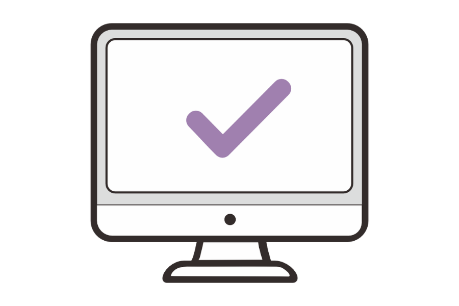Computer monitor with a purple check mark, symbol of expert help ready